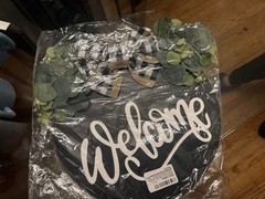 Round Farmhouse Welcome Sign with Plaid Bow, Faux Greenery, Black White Green