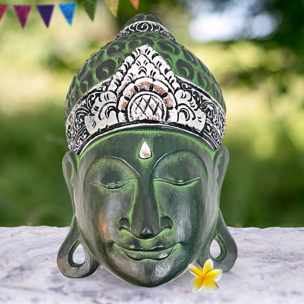 Peaceful Buddha Mask Wall art Hand Carved Wood Asian Balinese Home Decor Teal