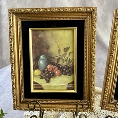 VTG Still Life Fruit Prints Pair Ornate Gold Tone Black Velvet Mats 8×10 MCM