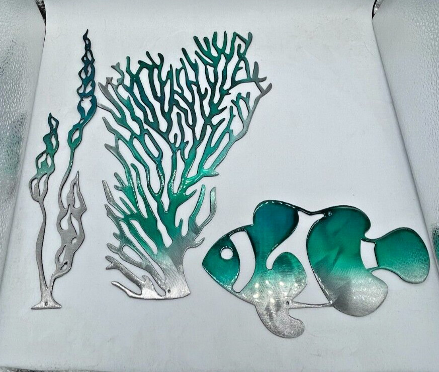 Sea Coral/Plant Collection of 2 & Fish Metal Wall Art Décor Teal – Size varies