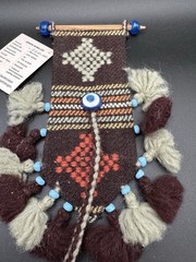 Turkish Woven Kilim Tapestry Wall Panel 9” Hanging Evil Eye Blue Glass NWT