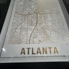 Map of Atlanta Georgia Gold Foil On White Canvas black frame Wall Art 16×24