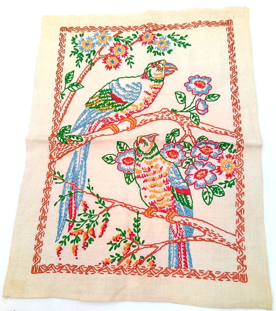 Vintage Embroidered Parrots Floral Doily Wall Art Hanging Multicolor Home Decor