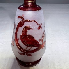 Ruby Red Bohemian Glass Vase Gold Deer and Bird Design Bud Vase Decor Handblown