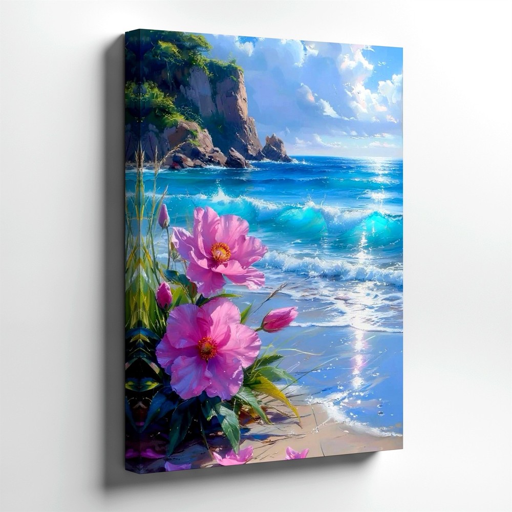 Wall Art Coastal Beach Seascape Pink Flowers Ocean Waves Cliff Canvas Print