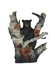 Hand Carved Wooden Bear On Birch Tree Hanging Wall Art Cabin Lodge Style Decor