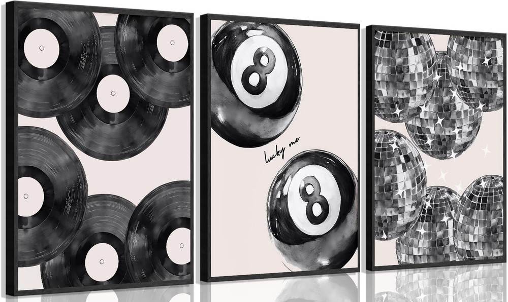 3Pcs Trendy Black White Canvas Wall Art Lucky 8 Wall Decor Pictures Disco Pos…