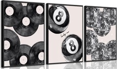 3Pcs Trendy Black White Canvas Wall Art Lucky 8 Wall Decor Pictures Disco Pos…