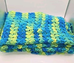 Crochet Lapghan Lap Blanket Shawl Wrap Fringe Afghan Blue Green Yellow 55″x22″