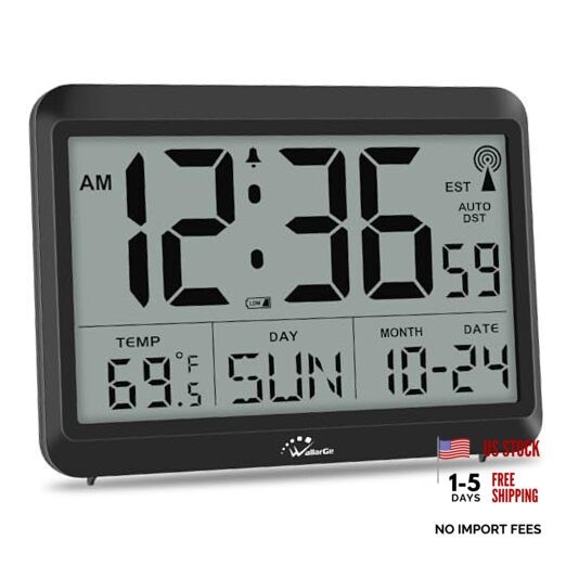 Atomic Digital Wall Clock Battery Operated, Self-Setting, Large Display Medium