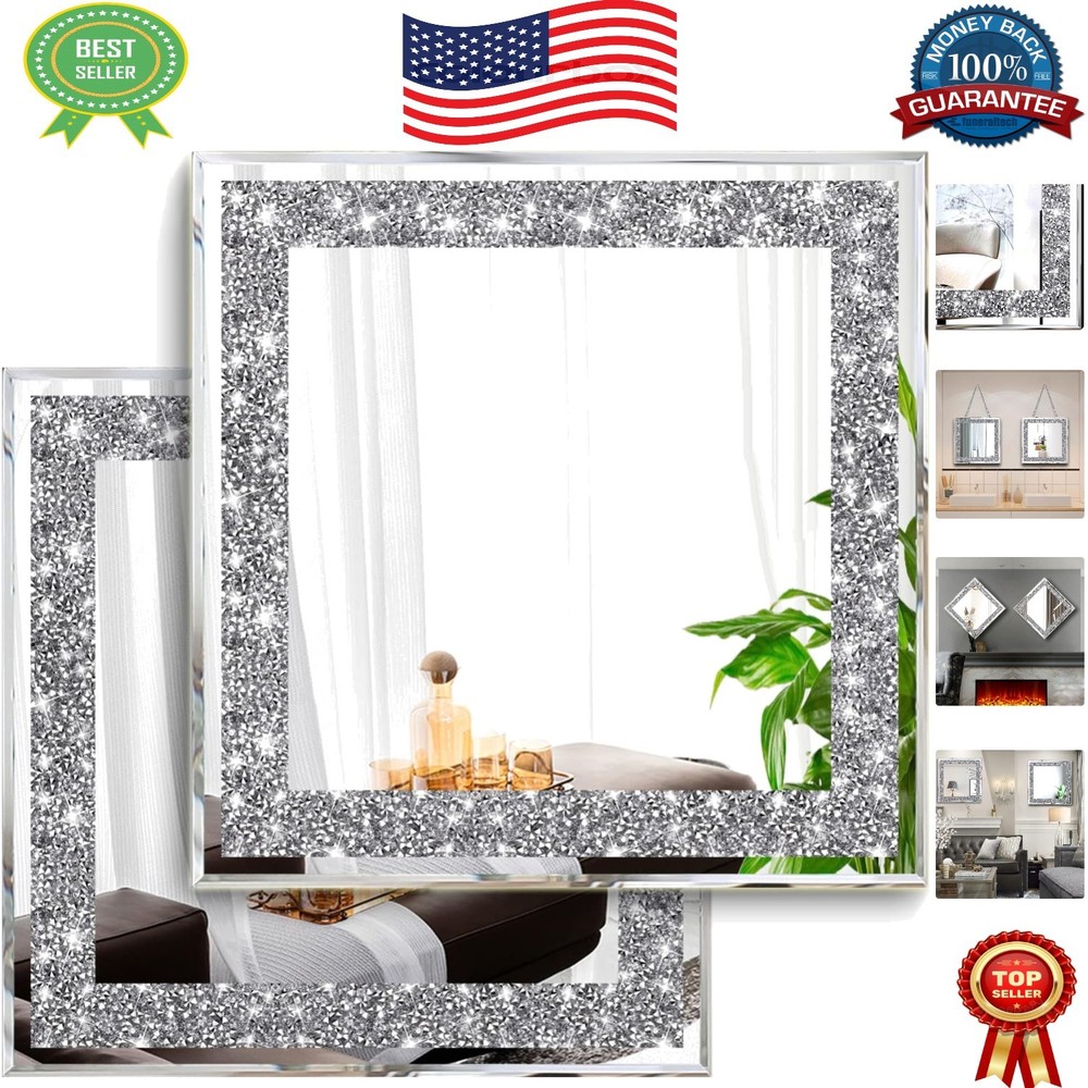Gorgeous 2-Piece Wall Mirrors with Crystal Diamond Effect, 12×12 Silver Finish