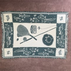 Vintage Tapestry Fringe Throw Blanket Fish Green White Bass Trout 1990 MWW