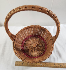 Vintage Rattan Basket Wicker Fixed Handle Pink Stripes Gathering Decor Easter
