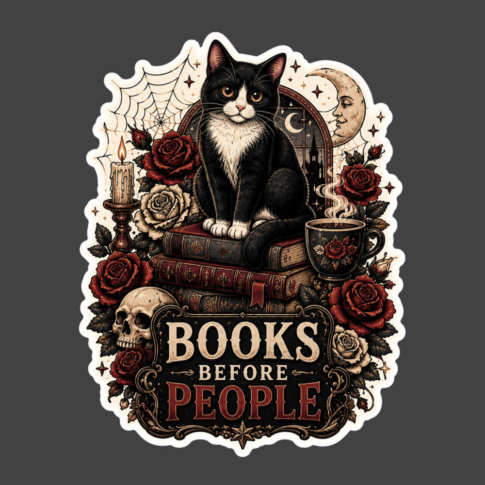 Tuxedo Cat Sticker Vinyl Decal Books Before People Reader Book Lover
