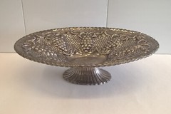 Pedestal Fruit Bowl Flower Centerpiece Oval Pewter? Metal Repousse Grapes READ
