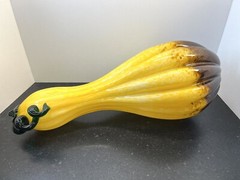 Handblown Large Art Glass Squash Gourd Autumn Fall Decor Yellow Brown wVine 17”