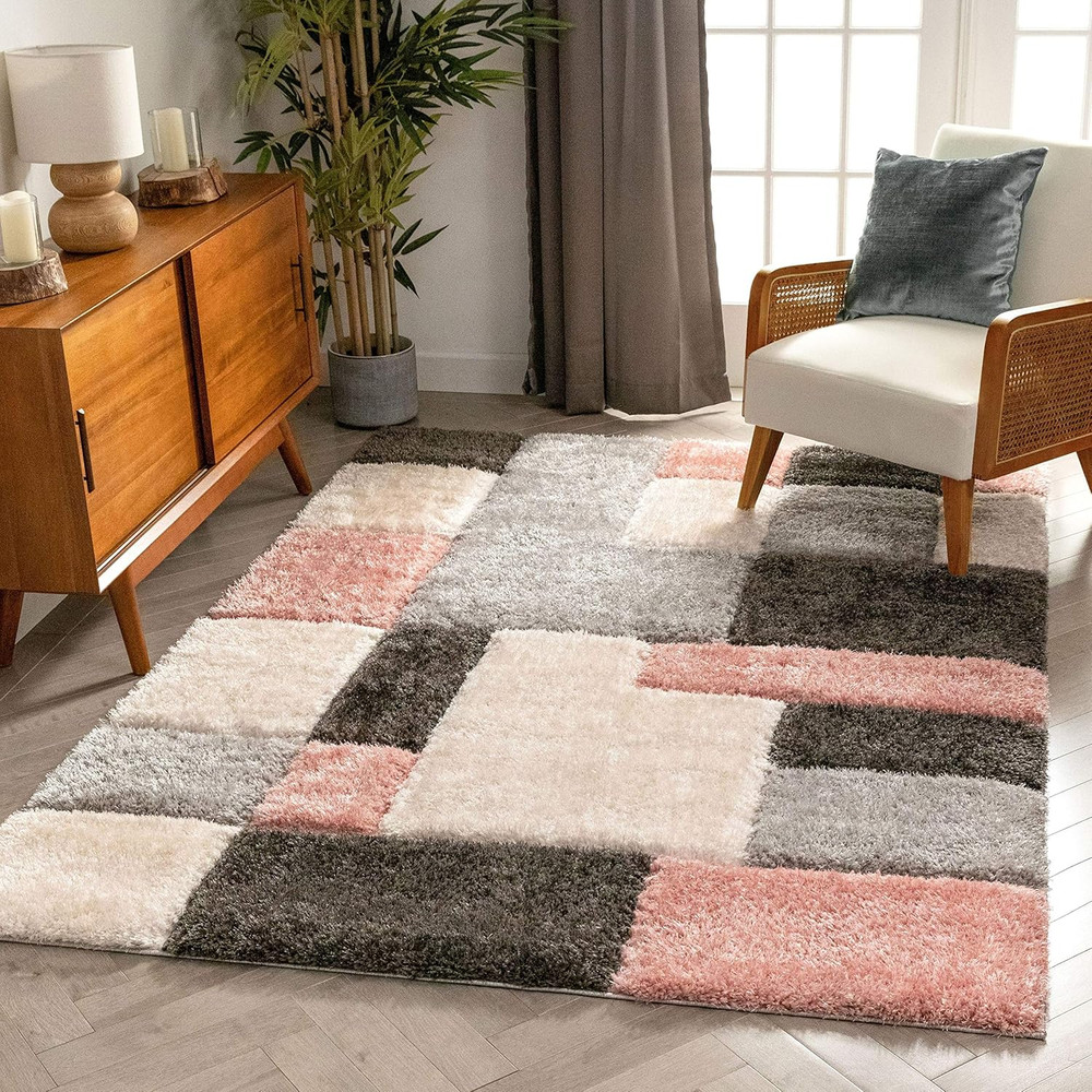 Modern Geometric 3D Textured Blush Shag Area Rug 5’3″ x 7’3″ San Francisco