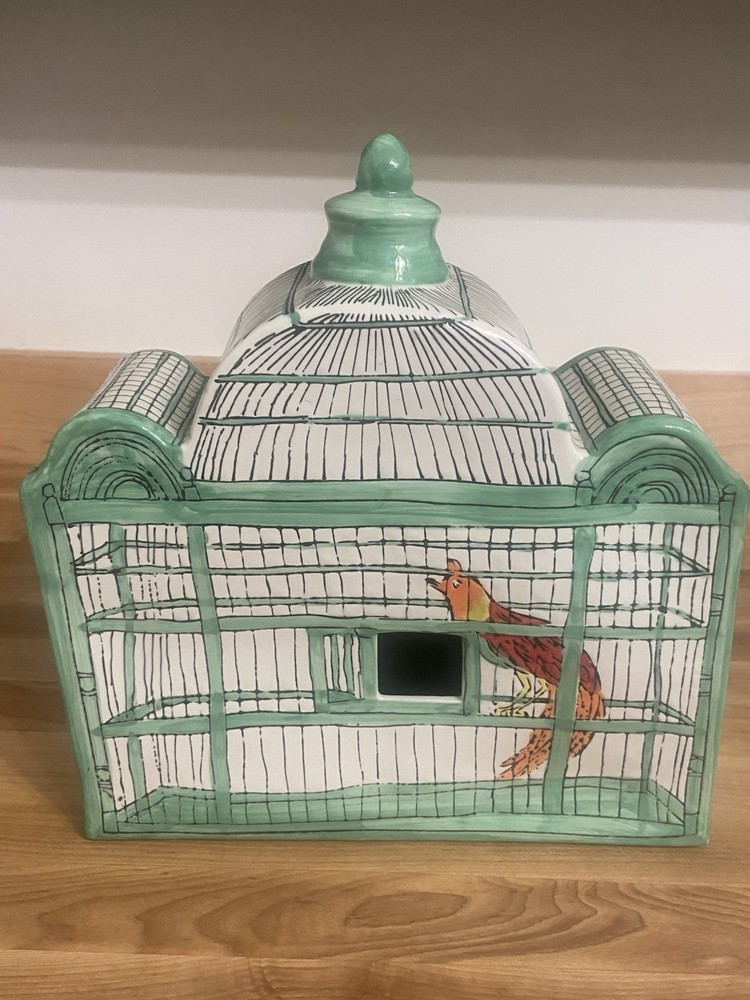 Molly Hatch Trompe-l’Oeil Birdhouse Bird Cage Ceramic Signed Anthropologie Decor