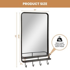Wall Mounted Bathroom Mirror Rectangle Vanity Mirror with Shelf & 4 Hooks Black