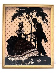 1930’s Silhouette Reverse Painting Victorian Couple w/ Pink Background 11×9