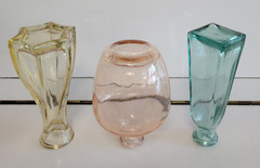 3 DECORATIVE GLASS BOTTLES YELLOW ASYMMETRICAL ORANGE ROUND GREEN SQUARE