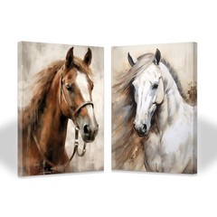 2 Piece Horse Wall Art – White & Brown Horse Painting, Wild Animal Canvas Pri…