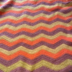 Vtg Crochet Blanket Chevron Zig Zag Orange Brown Yellow 36″x52″ Soft Cottagecore