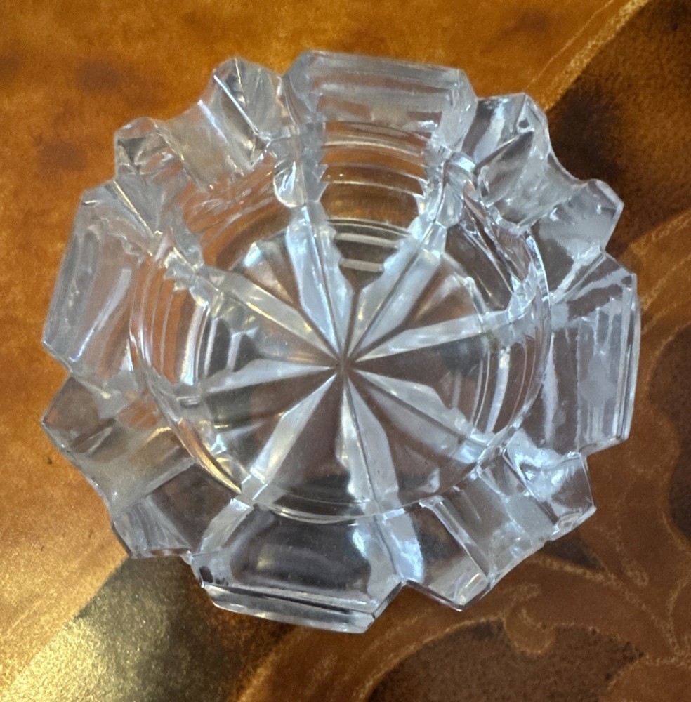 Vintage Crystal Cut Glass Ashtray Round Starburst Etched 3”