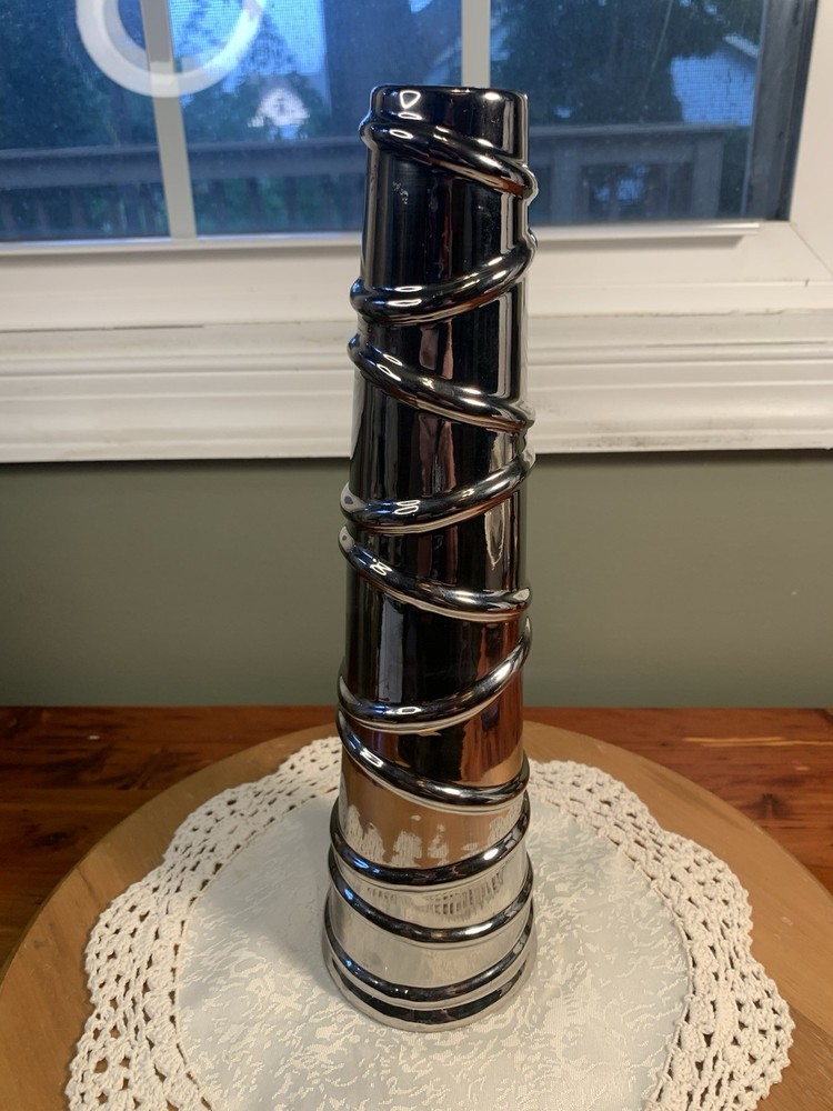 12” Ceramic Silver-Tone Diagonal Ribbed Glam Vase By Litton Lane