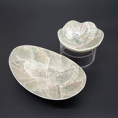 Set of 2 Mosaic Trinket Dishes Bowls Mother Of Pearl Abalone? Shell Inlaid AS IS