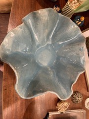 Handmade Large Blue Clay Decorative Wavy Asymmetrical Bowl Centerpiece-14” X 6”
