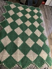 crochet granny square afghan blanket vintage 60 inch By 36 inch Green White