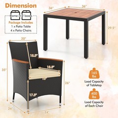 5 Pieces Rattan Outdoor Dining Set for 4, Outdoor Acacia Wood Table Set with 4