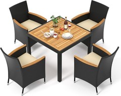 5 Pieces Rattan Outdoor Dining Set for 4, Outdoor Acacia Wood Table Set with 4