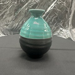 Glossy Teal & Matte Black Colorblock Ceramic Pottery 5″ Small Vase Sake Jug