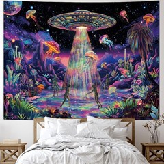 Blacklight Alien UFO Tapestry Neon Jellyfish Tapestry UV Reactive Galaxy Space..