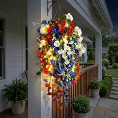 2026 Red White Blue Hanging Flowers Patriotic Faux Basket 4th July Porch Decor