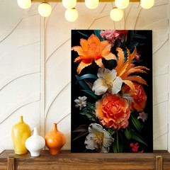 Wall Art Floral Bouquet Print Orange Lily Rose White Blossom Black Background