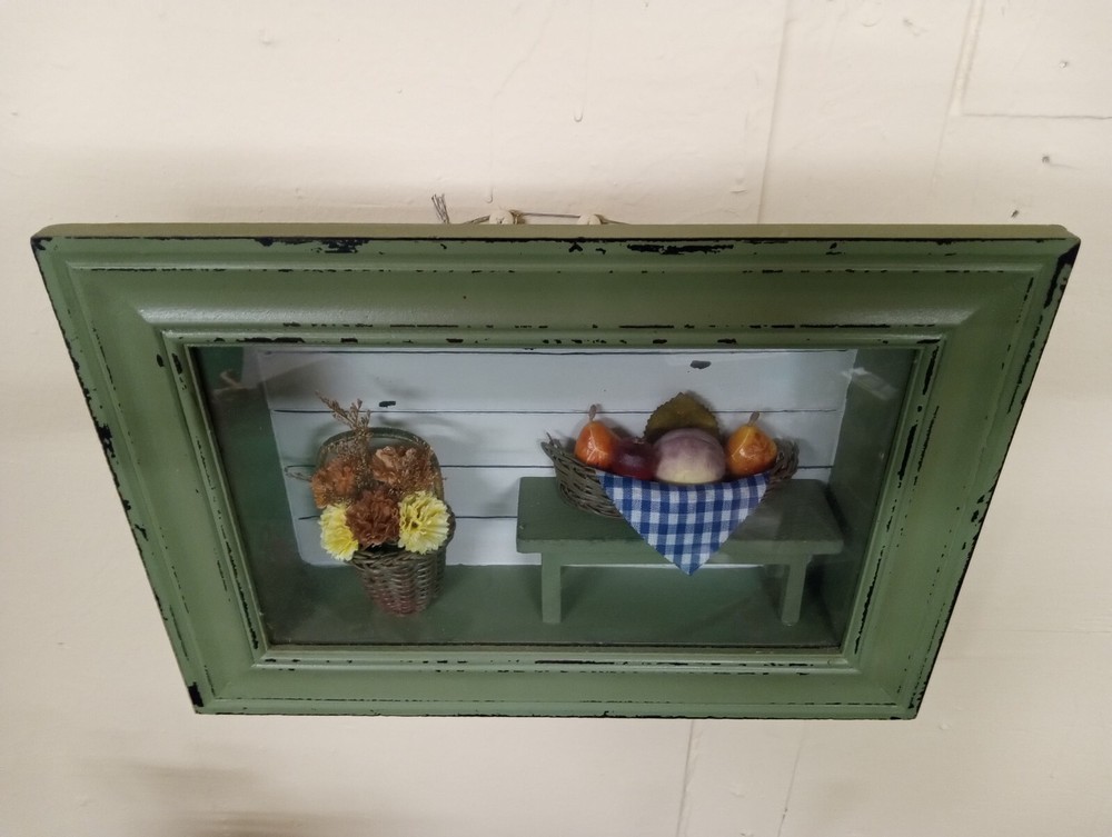 Rustic Framed 3D Shadow Box Flower Fruit Farmhouse Sage Green kitchen Cottage B