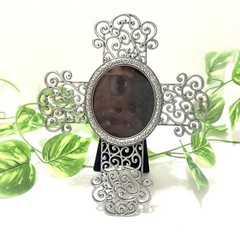 Silver Scrollwork Cross Pictured Frame Ornate Religious Tabletop Decor 8.5″x7″