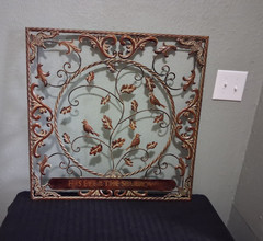 Metal Scrollwork Wall Plaque Sign «His Eye Is on the Sparrow» Birds, Brown