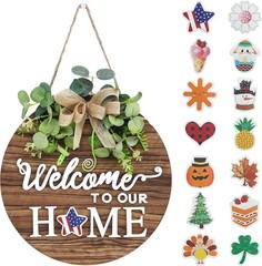 Rustic Wooden Welcome Sign Front Door Decor Wreath Indoor Outdoor All Seasons
