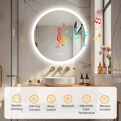 32” LED Bathroom Mirror Built-in Bluetooth Speaker Backlight Wall Vanity Mirror