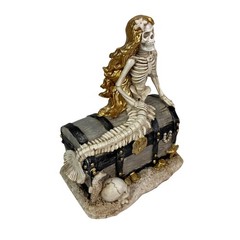 Mermaid Skeleton Figurine Pirate Treasure Chest Resin Statue 8 in Decor