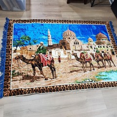 Vintage Camel Caravan Tapestry 68 X 48 Wall Hanging Mosque Desert Scene Velvet