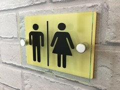 BRIGHT YELLOW HIGH VISIBILITY UNISEX MALE AND FEMALE TOILET WALL SIGN PLAQUE