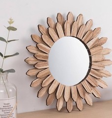 Wall Mirror Decorative 12 inch Rustic Wood Mirror Sun Shape Sunburst Boho Mirro