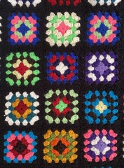 Vintage Granny Square Afghan Hand Crochet Multi-Color Black Blanket 63×46 Retro