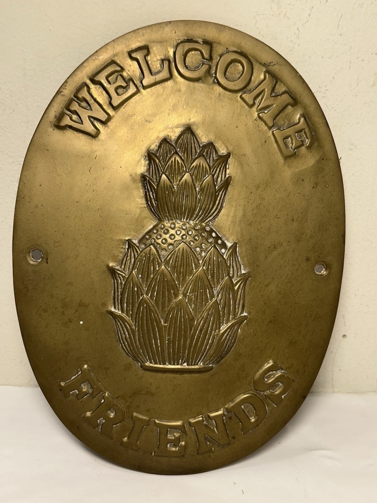 Vintage Solid Brass “Welcome Friends” Plaque Wall Mount 9” Upper Deck 1988