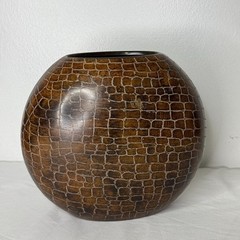 Brown Textured Metal Round Vase Decorative Accent India Crocodile Style NEW